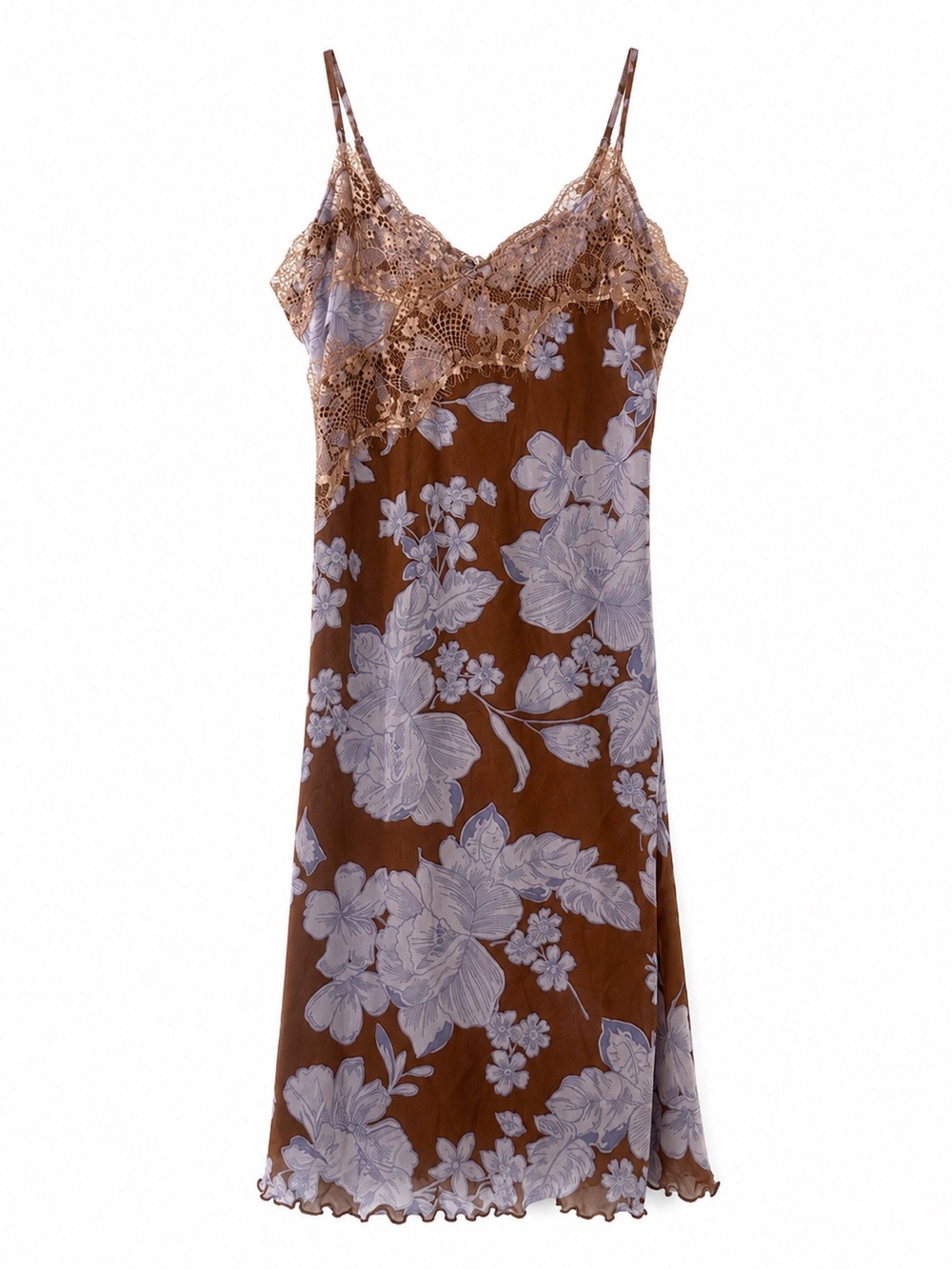 Floral Lace-Trim Slip Dress in Brown & Lavender - Unknown Brand EUC size M